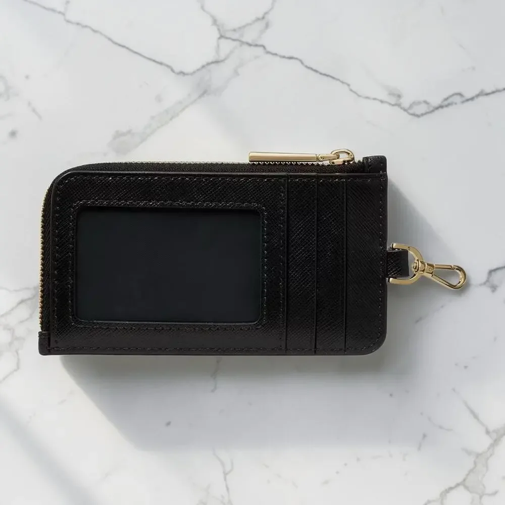 NWT Kate Spade Card Case Lanyard Black Leather ID Window Zip Wallet KN779 New